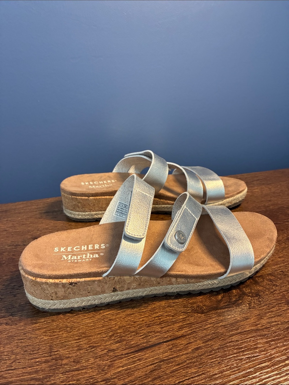 Skechers Martha Stewart Silver Triple-Strap Slide Sandals with Suede Footbed